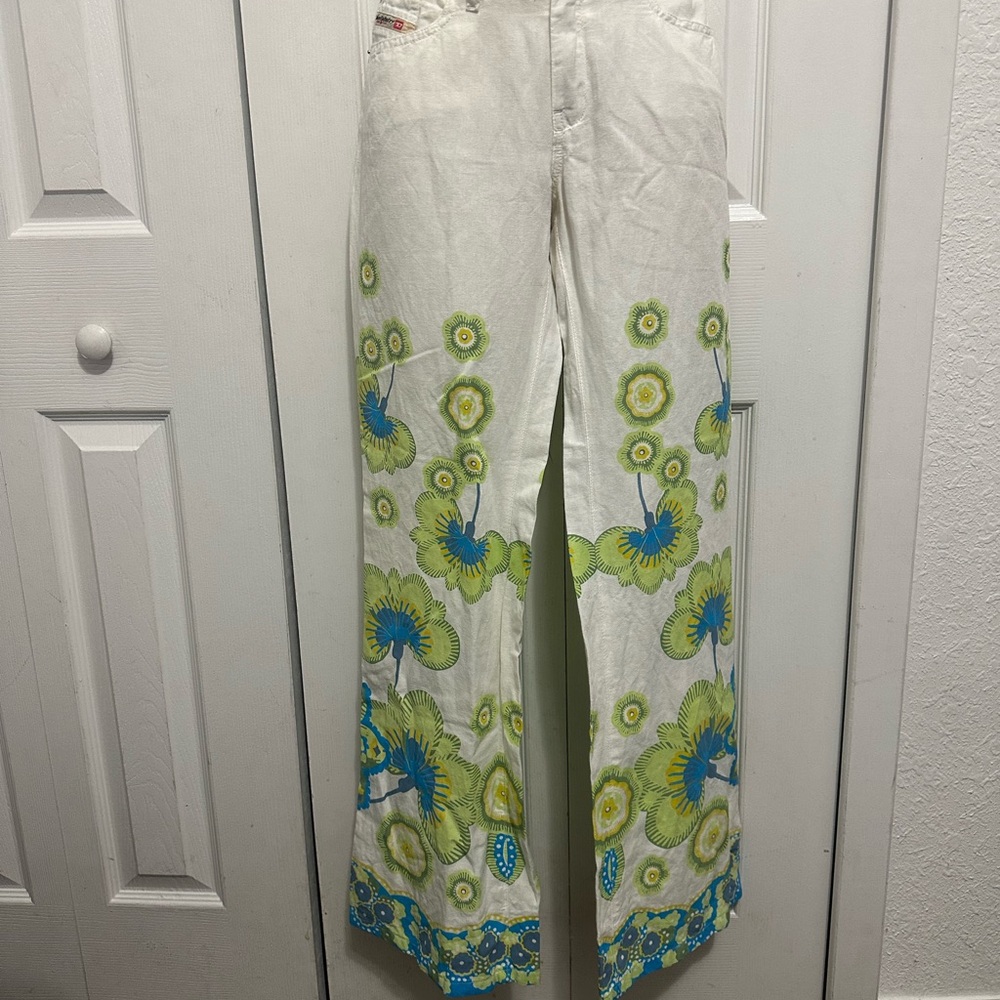 Diesel White Floral Women's Flare Linen Pants